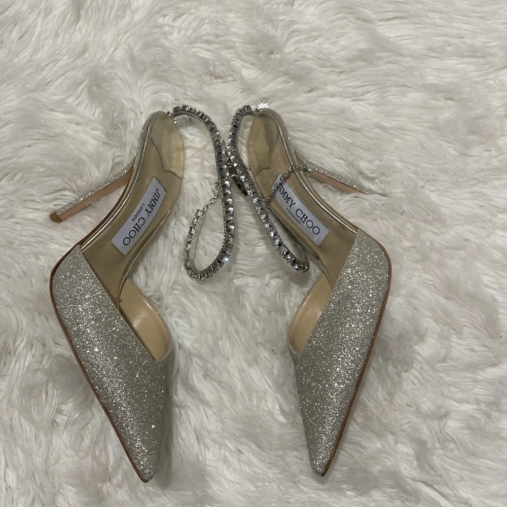 New Jimmy Choo Saeda 100 Platinum Ice‎ dusty glitter pumps size 38EU